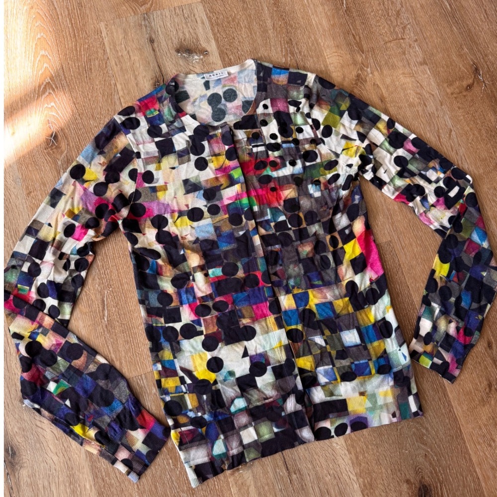 Akris Punto Silk Cashmere Sequin Cardigan Multicolor Geometric Polka Dot US 6